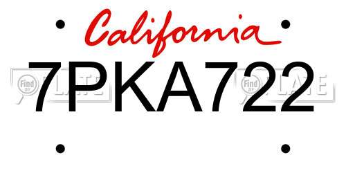 7PKA722 California License Plate