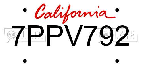 7PPV792 California License Plate