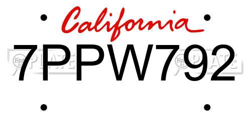7PPW792 California License Plate