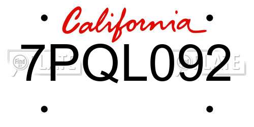 7PQL092 California License Plate