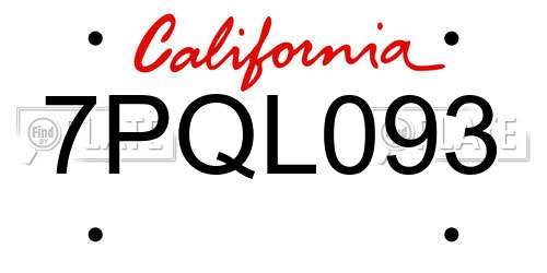 7PQL093 California License Plate
