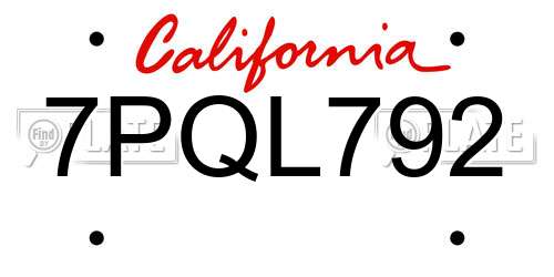 7PQL792 California License Plate