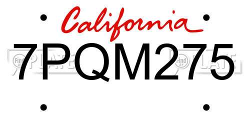7PQM275 California License Plate