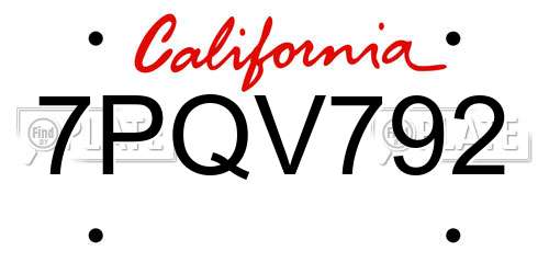 7PQV792 California License Plate
