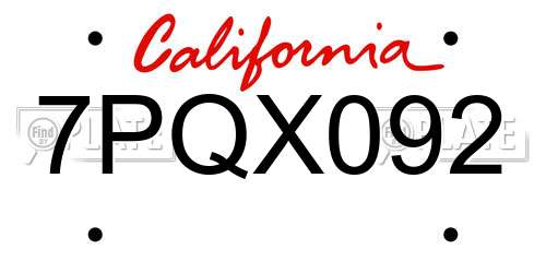 7PQX092 California License Plate