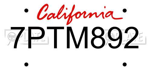 7PTM892 California License Plate