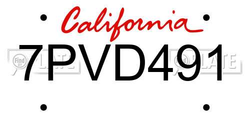 7PVD491 California License Plate