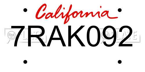 7RAK092 California License Plate