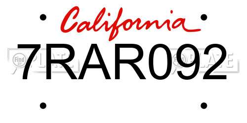 7RAR092 California License Plate