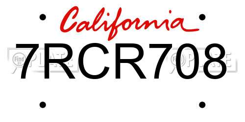 7RCR708 California License Plate