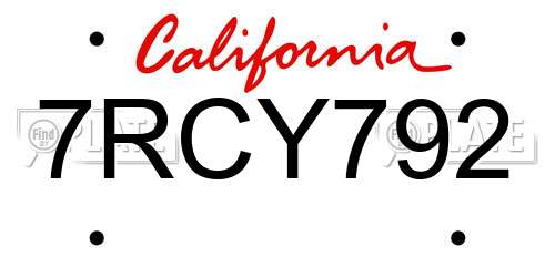 7RCY792 California License Plate