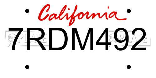 7RDM492 California License Plate