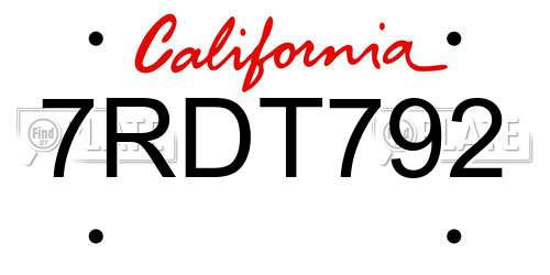 7RDT792 California License Plate