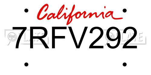 7RFV292 California License Plate
