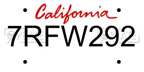 7RFW292 California License Plate