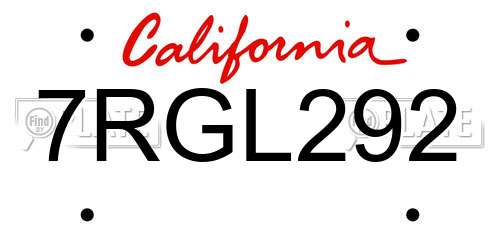 7RGL292 California License Plate