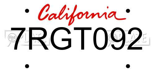 7RGT092 California License Plate
