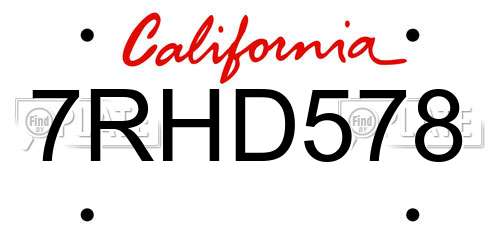 7RHD578 California License Plate