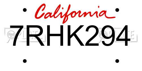 7RHK294 California License Plate
