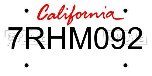 7RHM092 California License Plate
