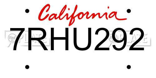 7RHU292 California License Plate