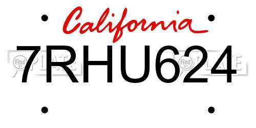 7RHU624 California License Plate