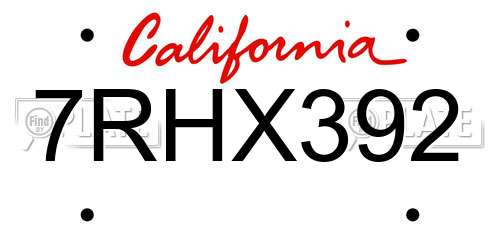 7RHX392 California License Plate