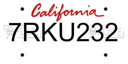 7RKU232 California License Plate