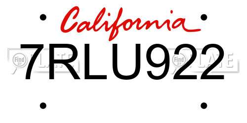 7RLU922 California License Plate