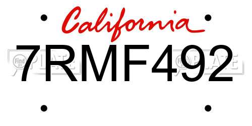 7RMF492 California License Plate