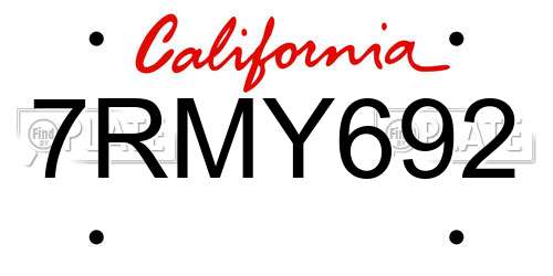 7RMY692 California License Plate