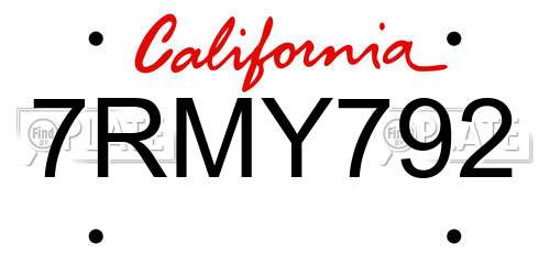 7RMY792 California License Plate