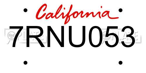 7RNU053 California License Plate