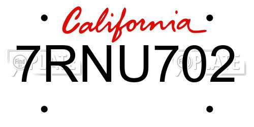 7RNU702 California License Plate