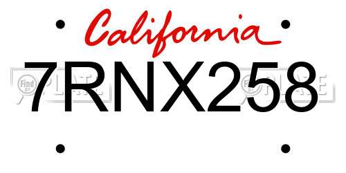 7RNX258 California License Plate