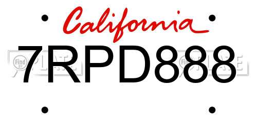 7RPD888 California License Plate