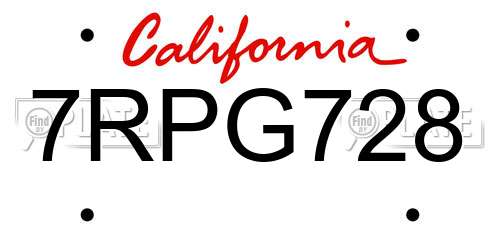 7RPG728 California License Plate