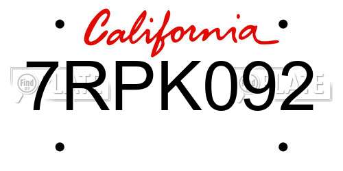 7RPK092 California License Plate