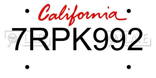 7RPK992 California License Plate