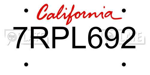 7RPL692 California License Plate