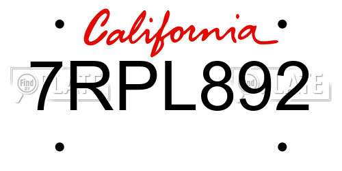 7RPL892 California License Plate