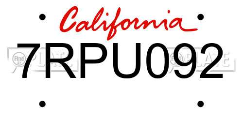 7RPU092 California License Plate