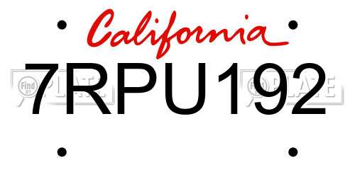 7RPU192 California License Plate