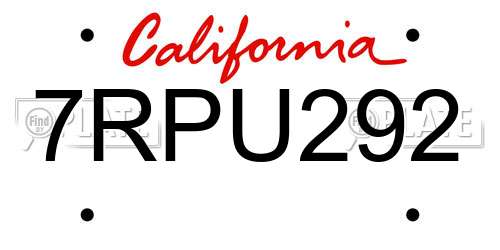 7RPU292 California License Plate