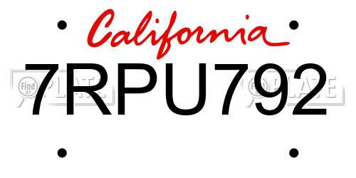 7RPU792 California License Plate