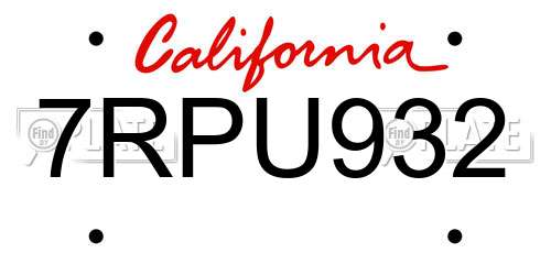 7RPU932 California License Plate