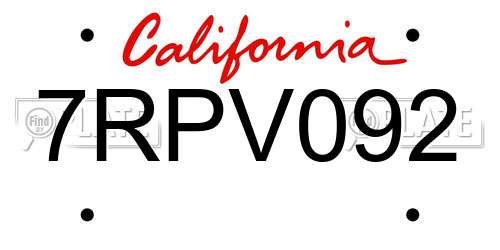 7RPV092 California License Plate