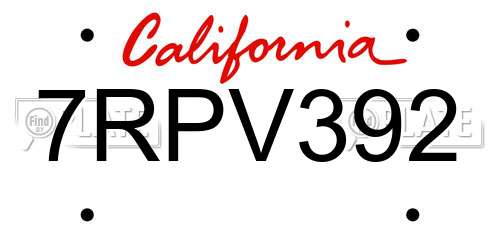 7RPV392 California License Plate