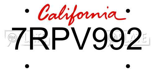 7RPV992 California License Plate