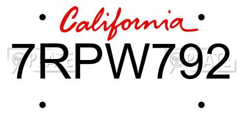 7RPW792 California License Plate